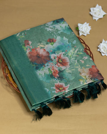 Ethnic Floral Printed Tissue Saree - Green