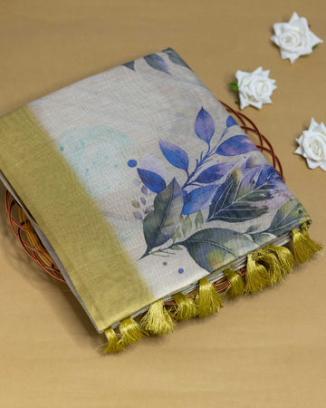 Ethnic Floral Printed Tissue Saree - Green