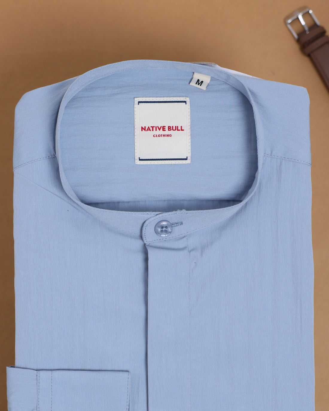 Native Bull Men's Solid Mandarin Collar Casual Shirt and Full Sleeves - Blue