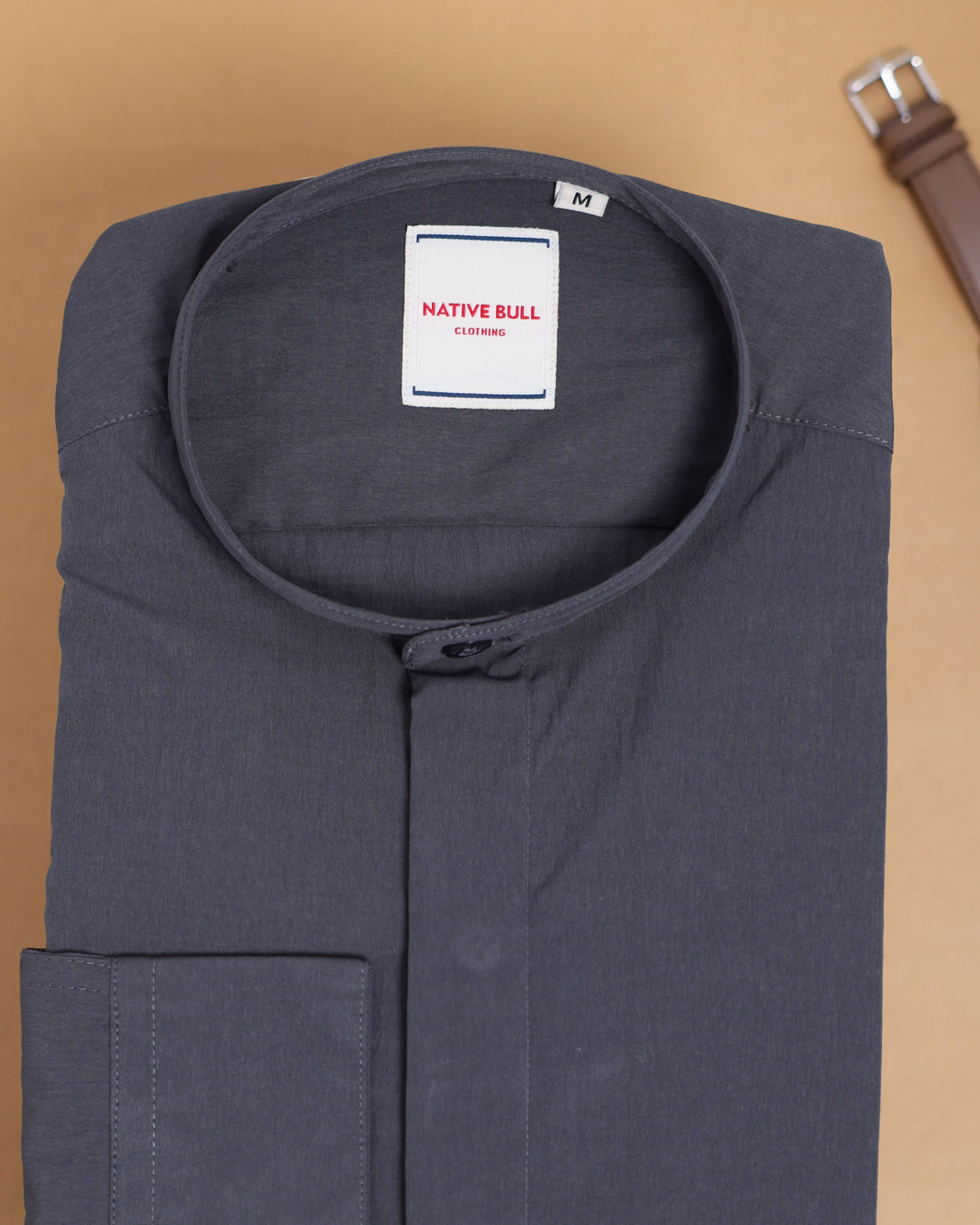 Native Bull Men's Solid Mandarin Collar Casual Shirt and Full Sleeves - Grey