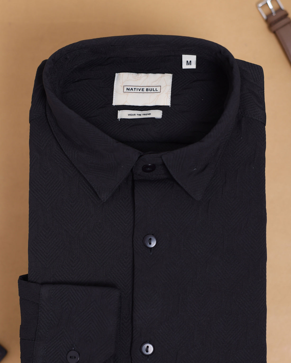 Nativebull Men's Casual Long Sleeve Collared Shirt with Textured Weave Detail - Black