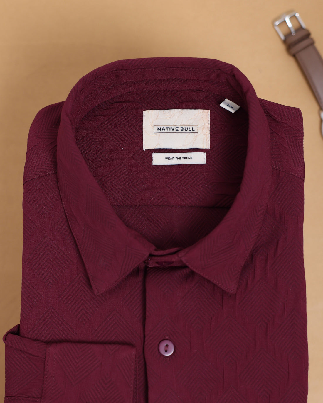 Nativebull Men's Casual Long Sleeve Collared Shirt with Textured Weave Detail - Maroon