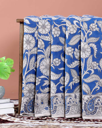 Kalamkari Hand-Block Printed Cotton Saree with Traditional Floral & Paisley Motifs - Blue