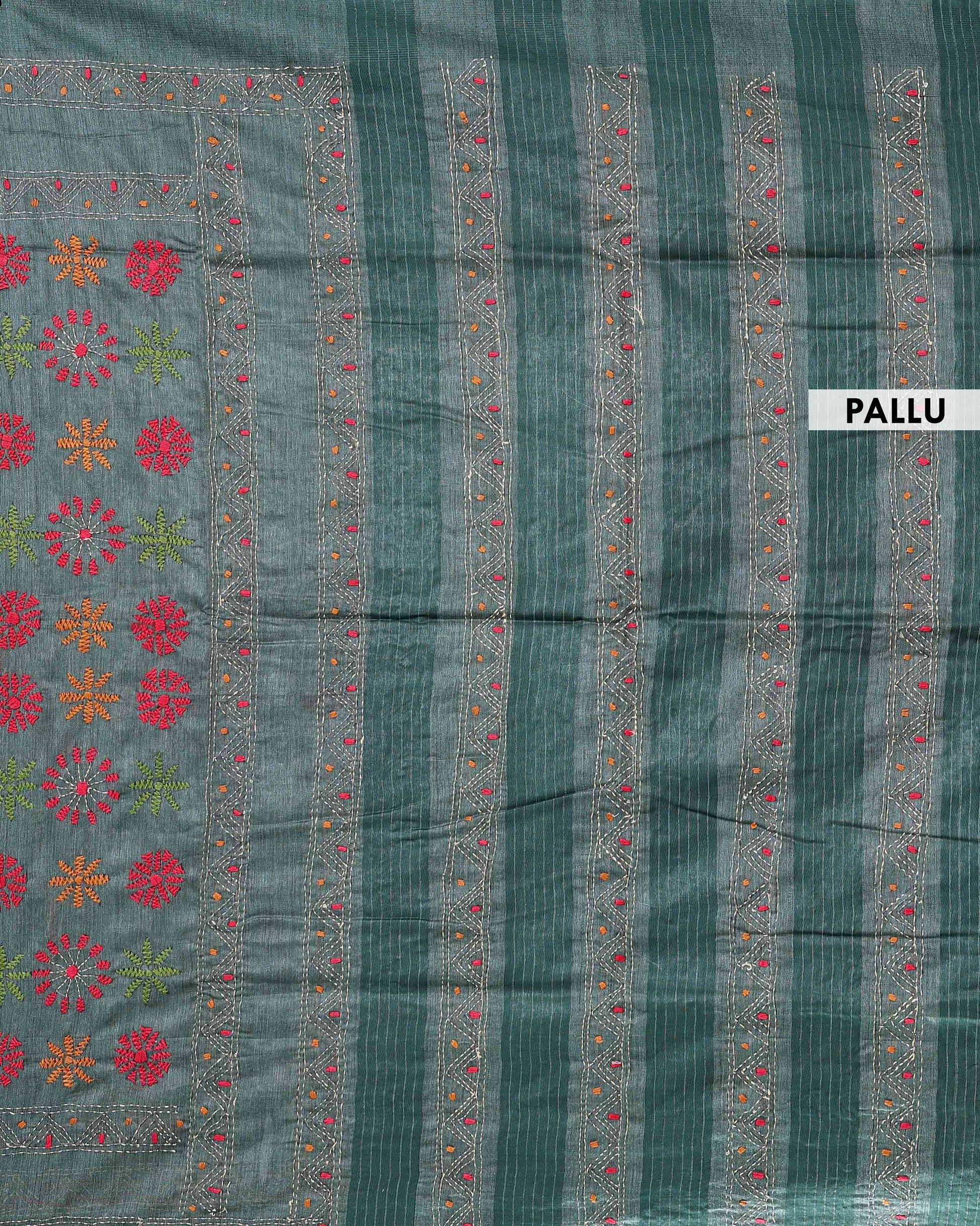 Kantha_Work_Saree_with_Floral_and_Geometric_Motifs_-_Green