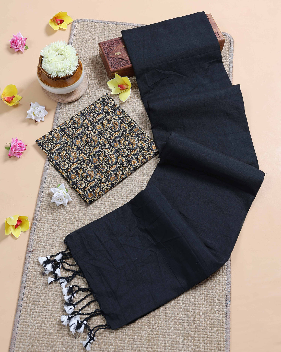 Khadi Cotton Saree with Contrast Printed Blouse and Tassel Accents - Black