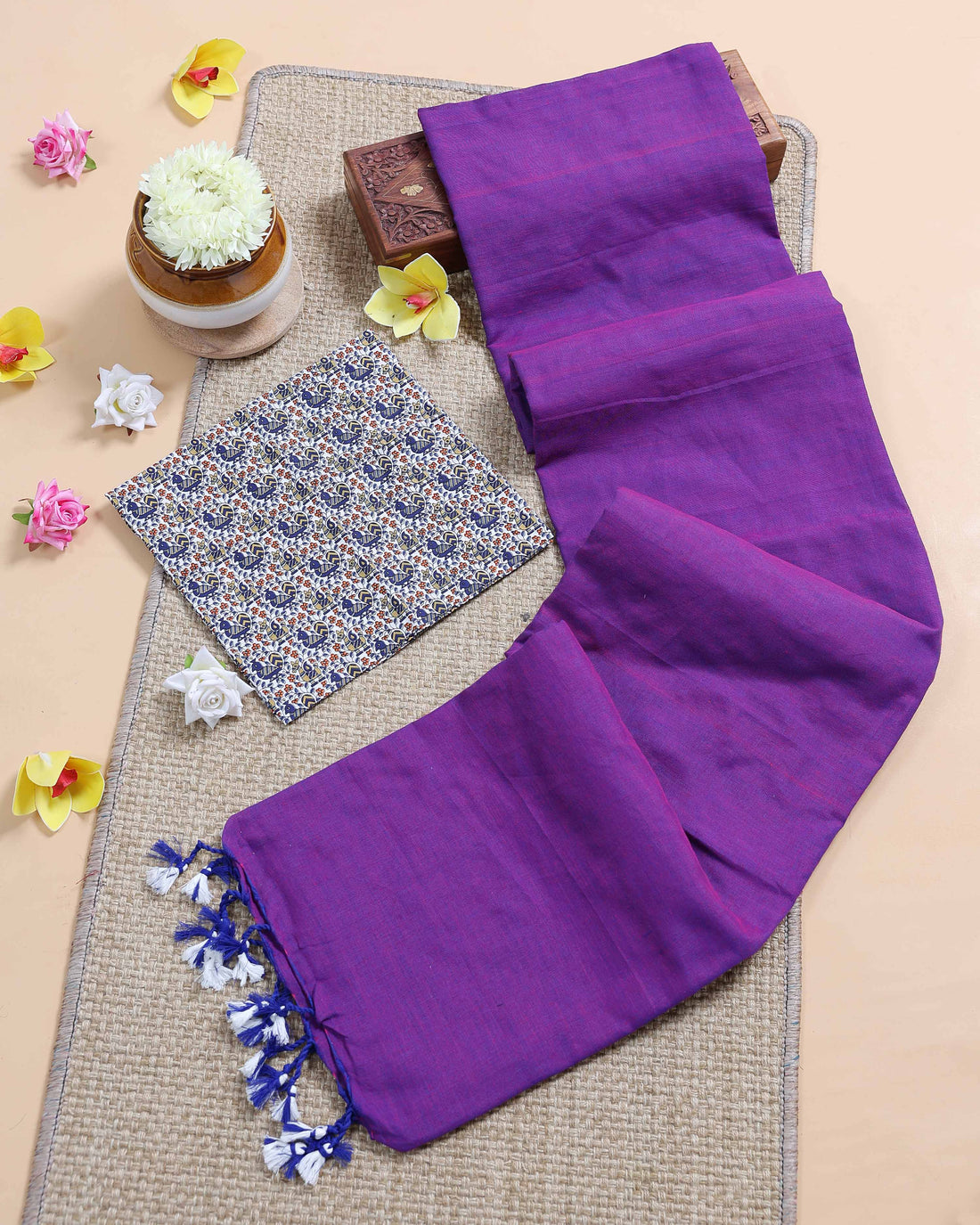 Handloom Khadi Cotton Saree with Contrast Printed Blouse and Tassel Accents - Purple