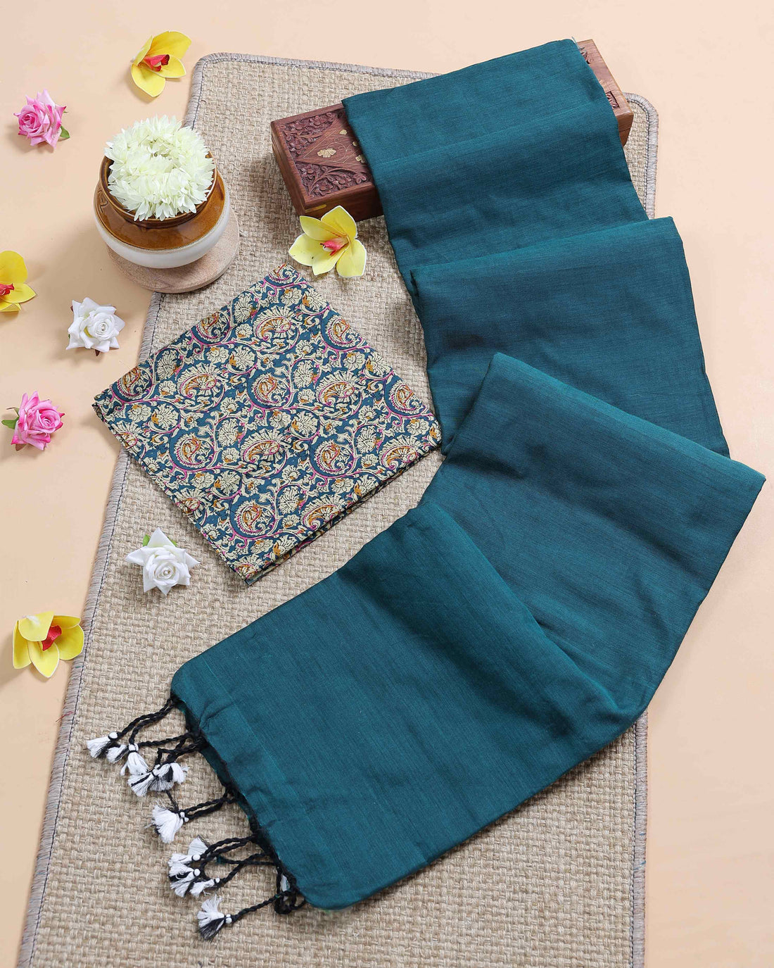 Handloom Khadi Cotton Saree with Contrast Printed Blouse and Tassel Accents - Teal