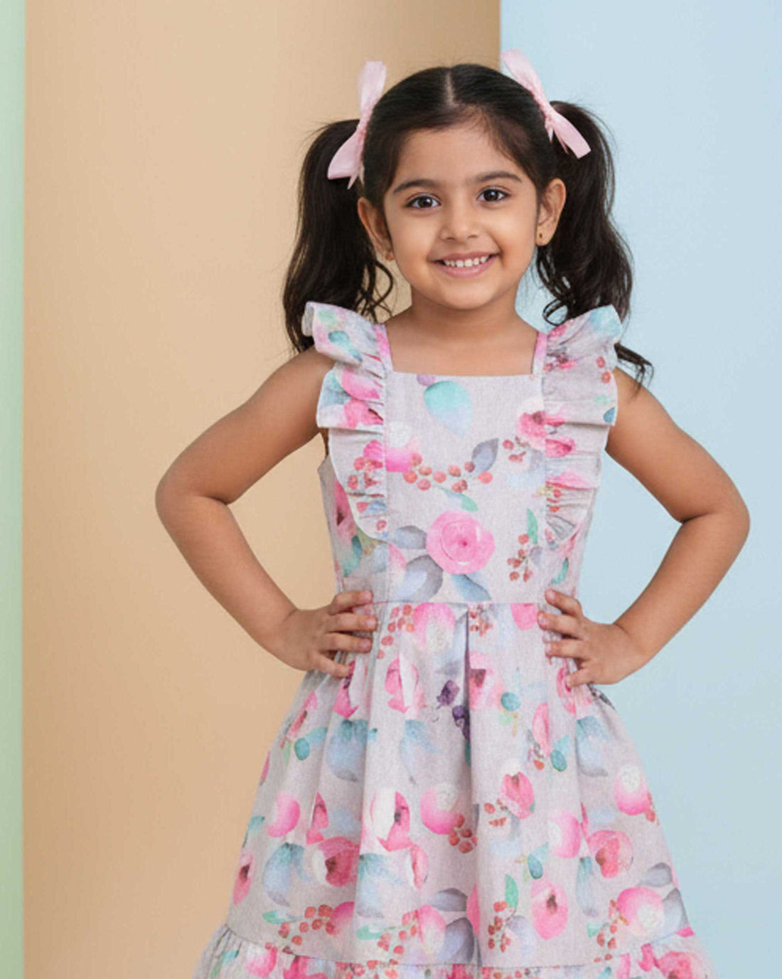 Elegant Floral Printed Party Wear Kids Frock with Flared Hemline and Bow Detail - Multi