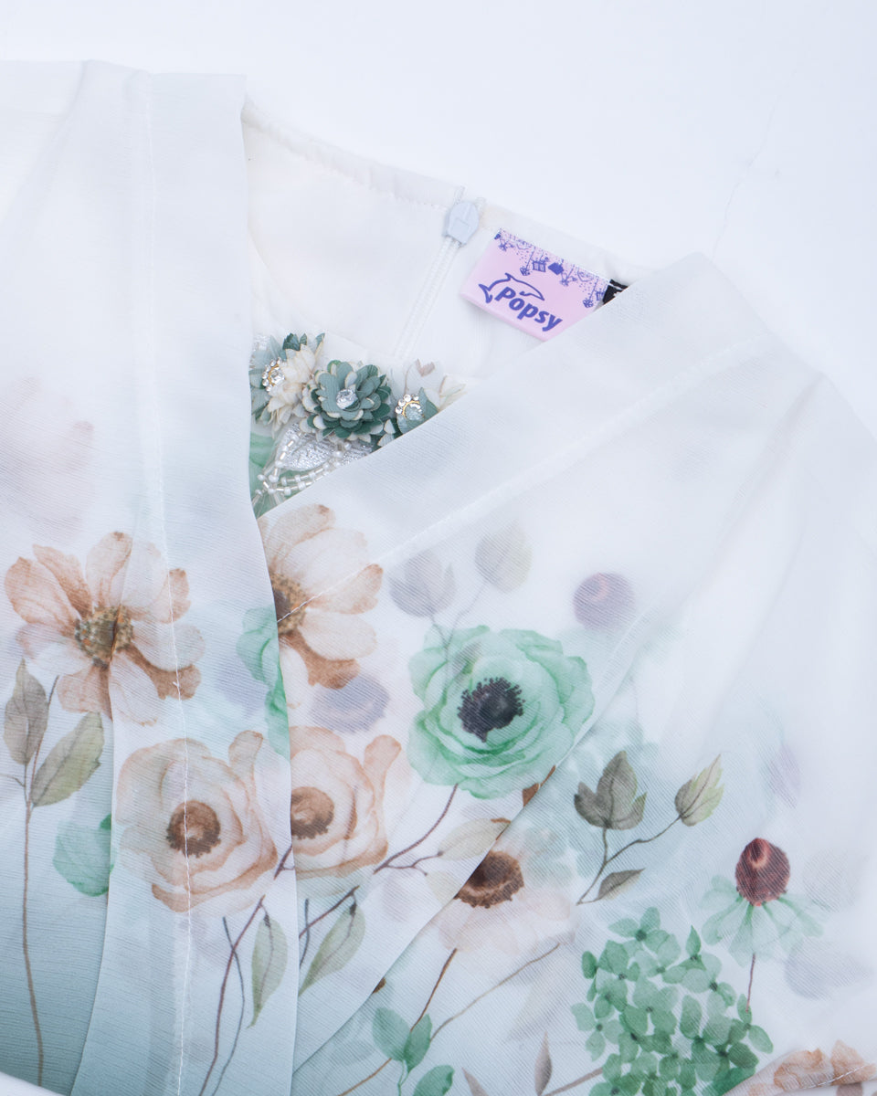 Floral Print Kids' Western Wear Set with Pleated Skirt - White