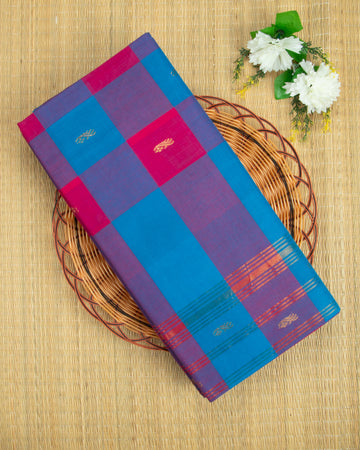 Handloom Cotton Saree with Checked Weave and Zari Border - Multi
