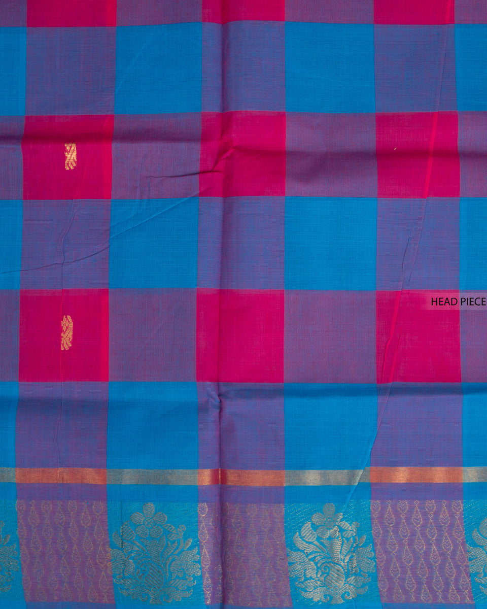 Handloom Cotton Saree with Checked Weave and Zari Border - Multi