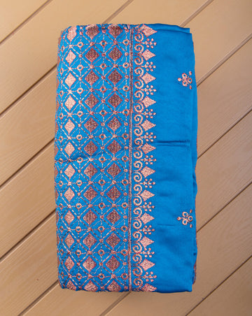 Embroidered Raw Silk Unstitched Blouse Material - Blue