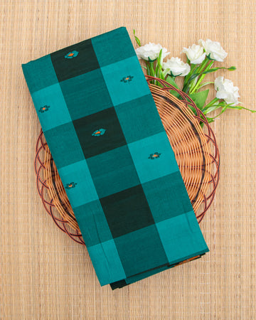 Handloom Cotton Saree with Checked Weave and Zari Border - Green