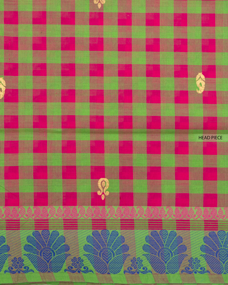 Handloom Cotton Saree with Checked Weave and Zari Border - Multi