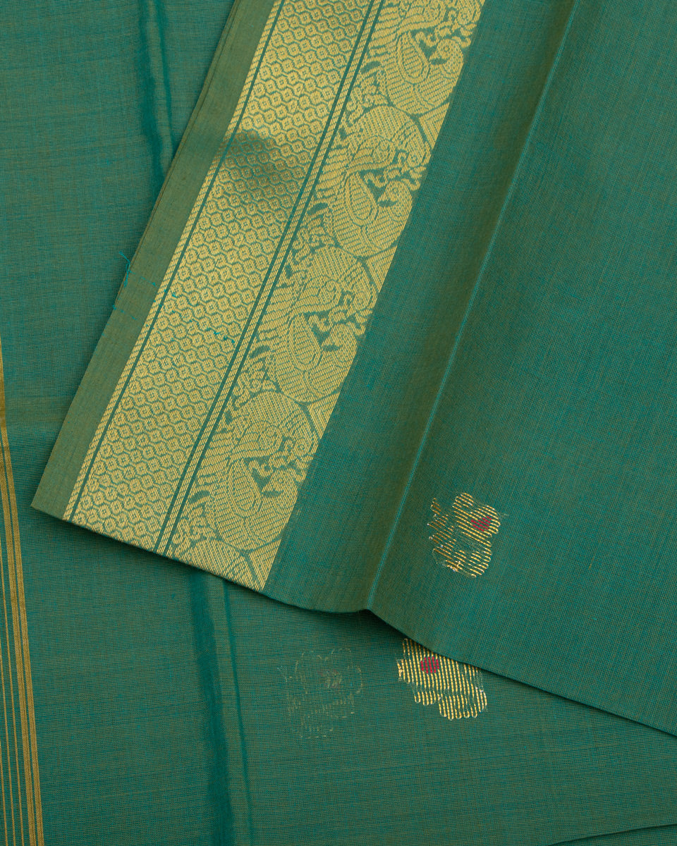 Handloom Cotton Saree with Checked Weave and Zari Border - Green