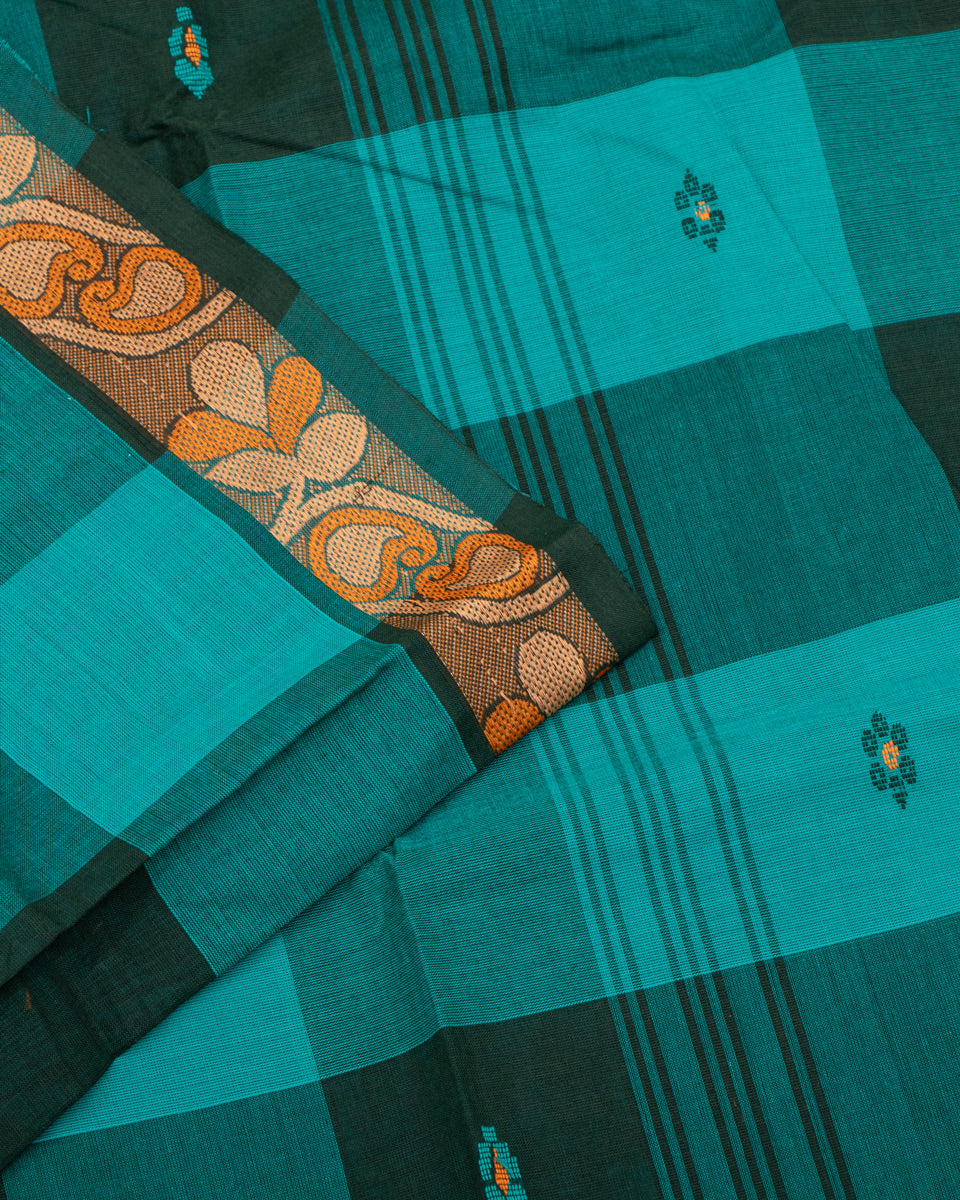 Handloom Cotton Saree with Checked Weave and Zari Border - Green