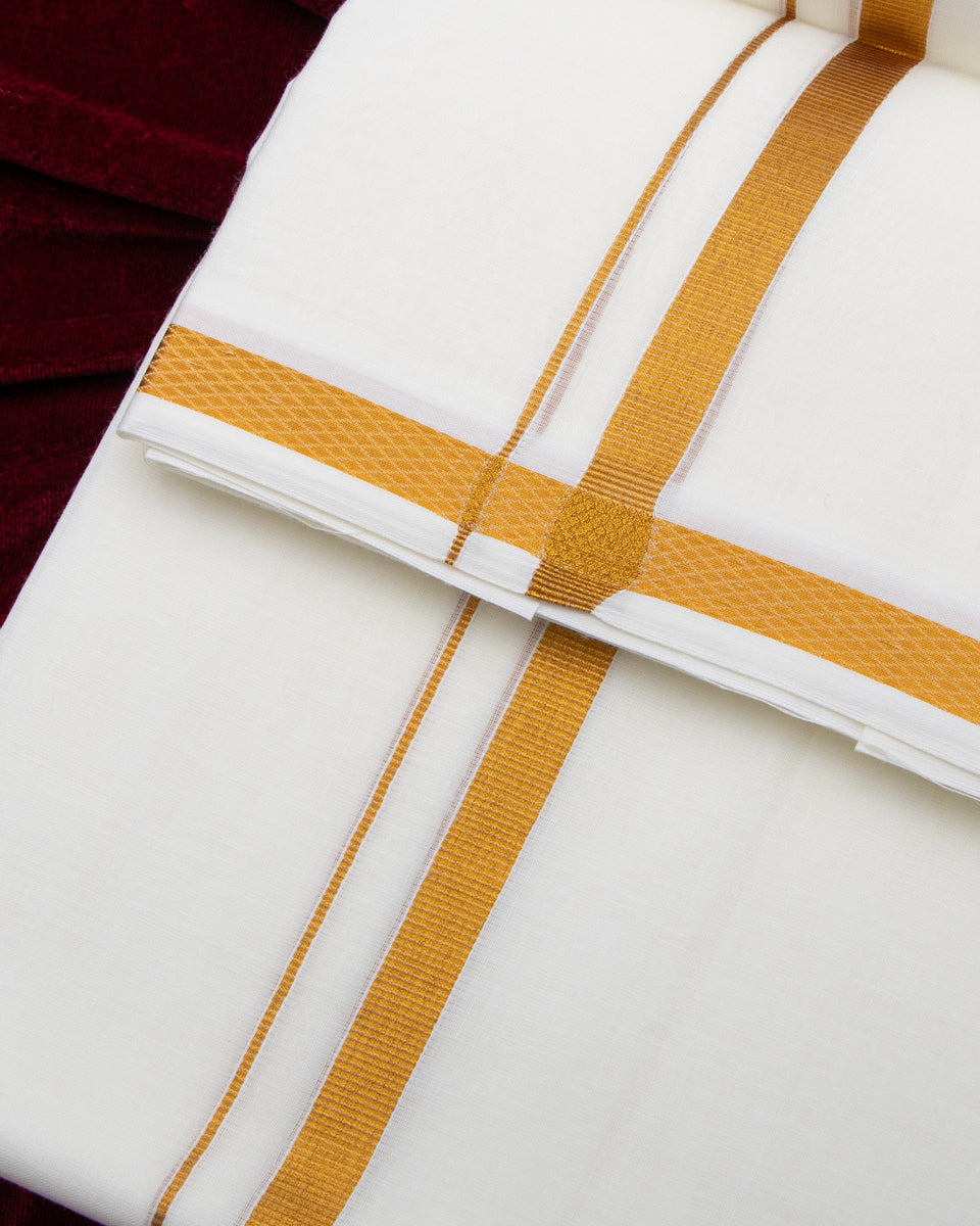 Men's Alaya Cotton Dhoti with Elegant Gold Zari Border - White