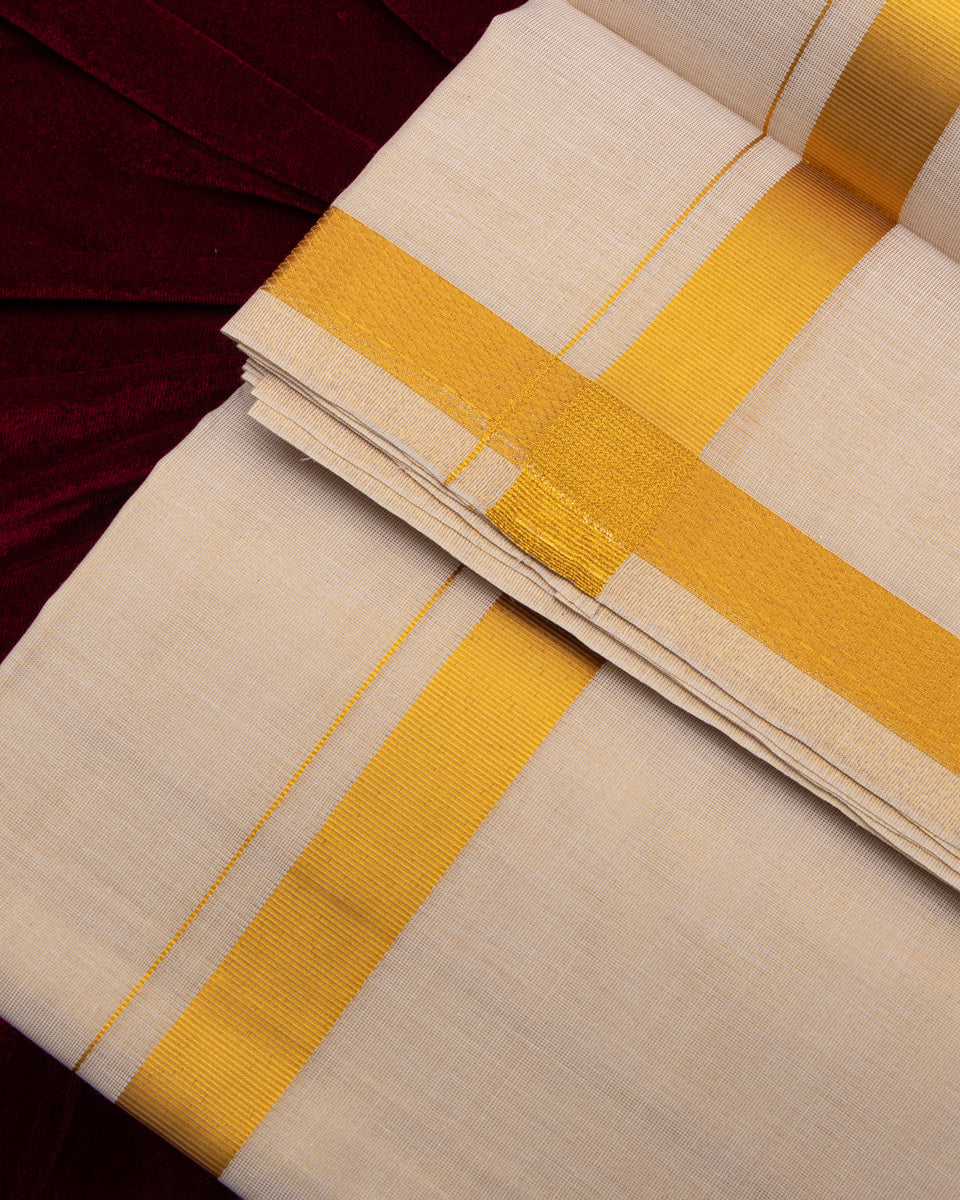 Men's Alaya Cotton Dhoti with Elegant Gold Zari Border - Copper