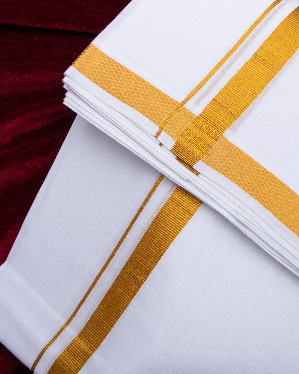 Men's Alaya Cotton Dhoti with Elegant Gold Zari Border - White