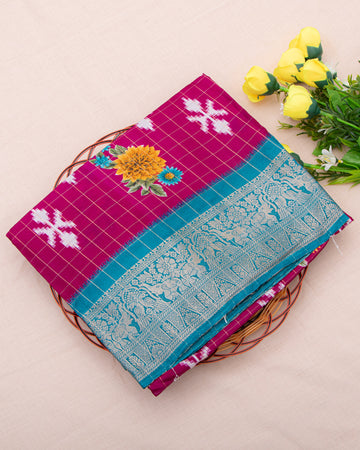 Floral & Checked Pattern Dola Silk Saree With Woven Border - Pink