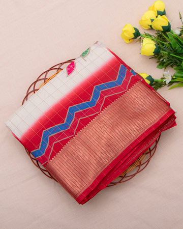 Floral & Checked Pattern Dola Silk Saree With Woven Border - Cream