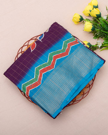 Floral & Checked Pattern Dola Silk Saree With Woven Border - Purple