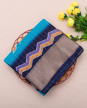 Floral & Checked Pattern Dola Silk Saree With Woven Border - Blue