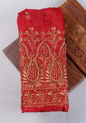 Embroidered Unstitched Blouse Material with Golden Zari Work - Red