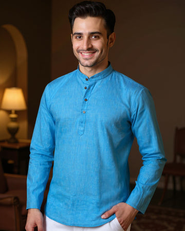 Men's Solid Cotton Regular Fit Short Kurta with Mandarin Collar and Full Sleeves - Sky Blue