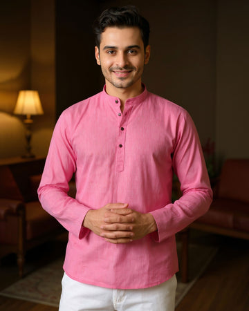 Men's Solid Cotton Regular Fit Short Kurta with Mandarin Collar and Full Sleeves - Rose Pink