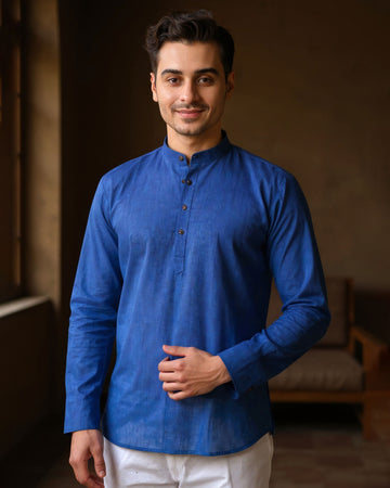 Men's Solid Cotton Regular Fit Short Kurta with Mandarin Collar and Full Sleeves - Blue