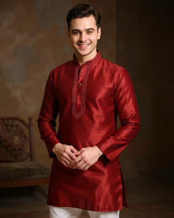 Men's Silk Blend Mandarin Collar Straight Kurta with Thread Work -  Maroon