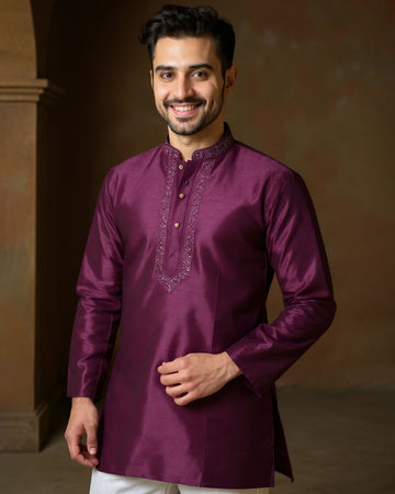 Men's Silk Blend Mandarin Collar Straight Kurta with Thread Work -  Dark Purple
