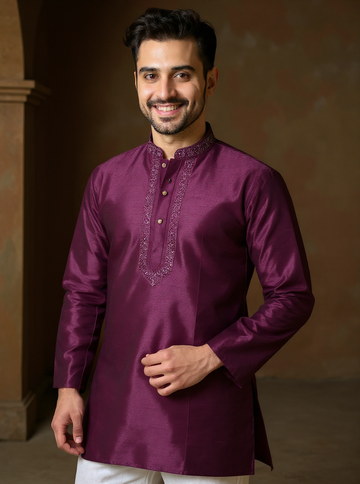 Men's Silk Blend Mandarin Collar Straight Kurta with Thread Work - Dark Purple