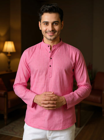 Men's Solid Cotton Regular Fit Short Kurta with Mandarin Collar and Full Sleeves - Rose Pink