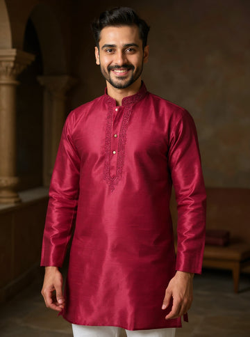 Men's Silk Blend Mandarin Collar Straight Kurta with Thread Work- Magenta