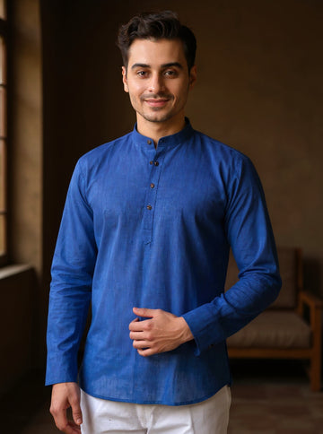 Men's Solid Cotton Regular Fit Short Kurta with Mandarin Collar and Full Sleeves - Blue