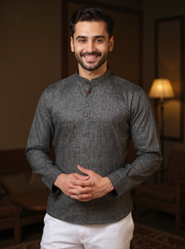 Men's Solid Cotton Regular Fit Short Kurta with Mandarin Collar and Full Sleeves - Dark Grey