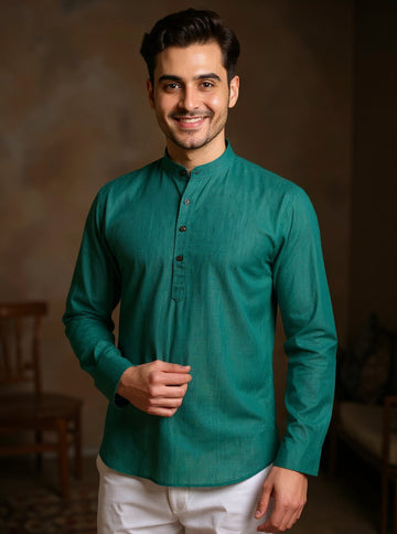Men's Solid Cotton Regular Fit Short Kurta with Mandarin Collar and Full Sleeves - Teal