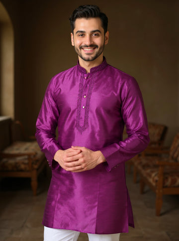 Men's Silk Blend Mandarin Collar Straight Kurta with Thread Work - Purple