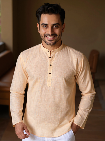 Men's Solid Cotton Regular Fit Short Kurta with Mandarin Collar and Full Sleeves - Sandal