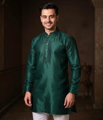 Men's Silk Blend Mandarin Collar Straight Kurta with Thread Work - Teal