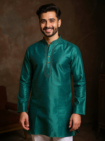 Men's Silk Blend Mandarin Collar Straight Kurta with Thread Work - Bottle Green