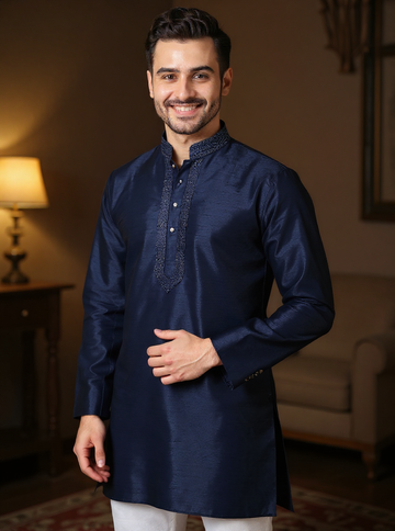 Men's Silk Blend Mandarin Collar Straight Kurta with Thread Work - Navy Blue
