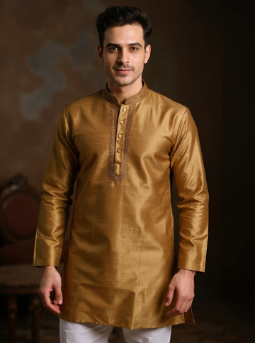 Men's Silk Blend Mandarin Collar Straight Kurta with Thread Work - Sandal