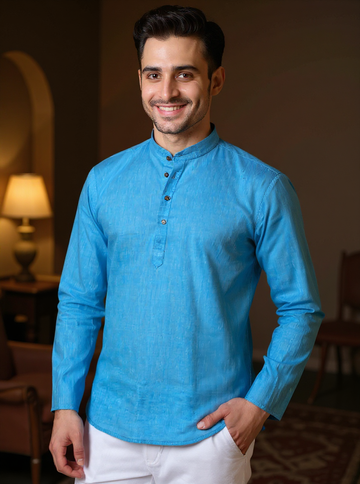 Men's Solid Cotton Regular Fit Short Kurta with Mandarin Collar and Full Sleeves - Sky Blue