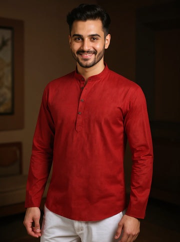 Men's Solid Cotton Regular Fit Short Kurta with Mandarin Collar and Full Sleeves - Maroon