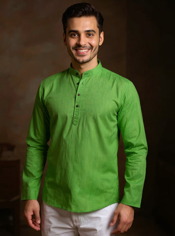 Men's Solid Cotton Regular Fit Short Kurta with Mandarin Collar and Full Sleeves - Green
