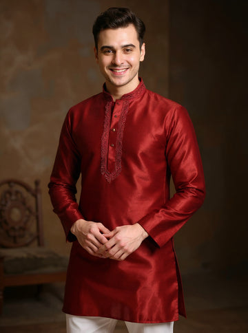 Men's Silk Blend Mandarin Collar Straight Kurta with Thread Work - Maroon