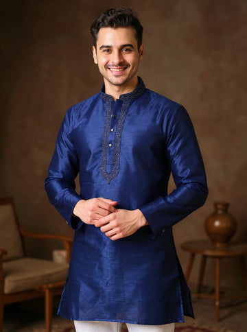 Men's Silk Blend Mandarin Collar Straight Kurta with Thread Work - Royal Blue